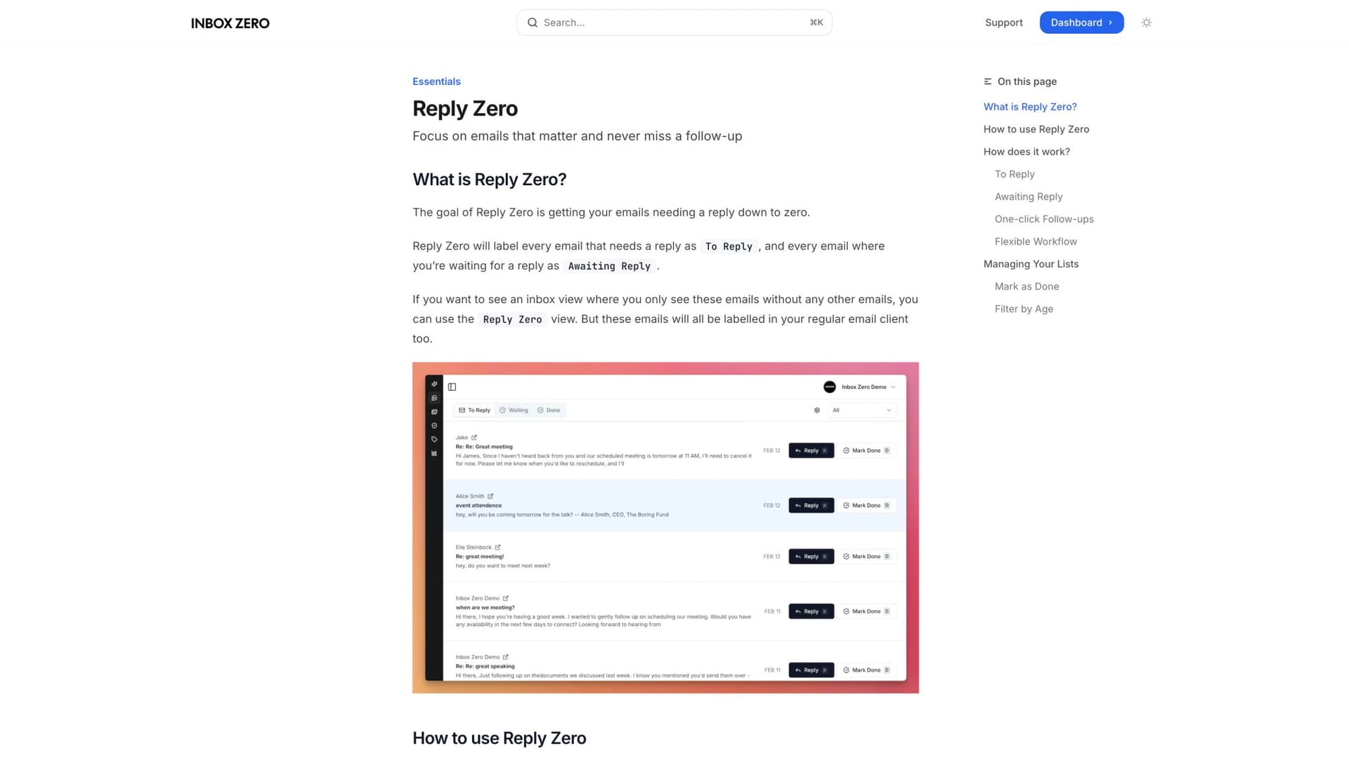 Inbox Zero Reply Zero documentation demonstrating automatic response tracking and follow-up management