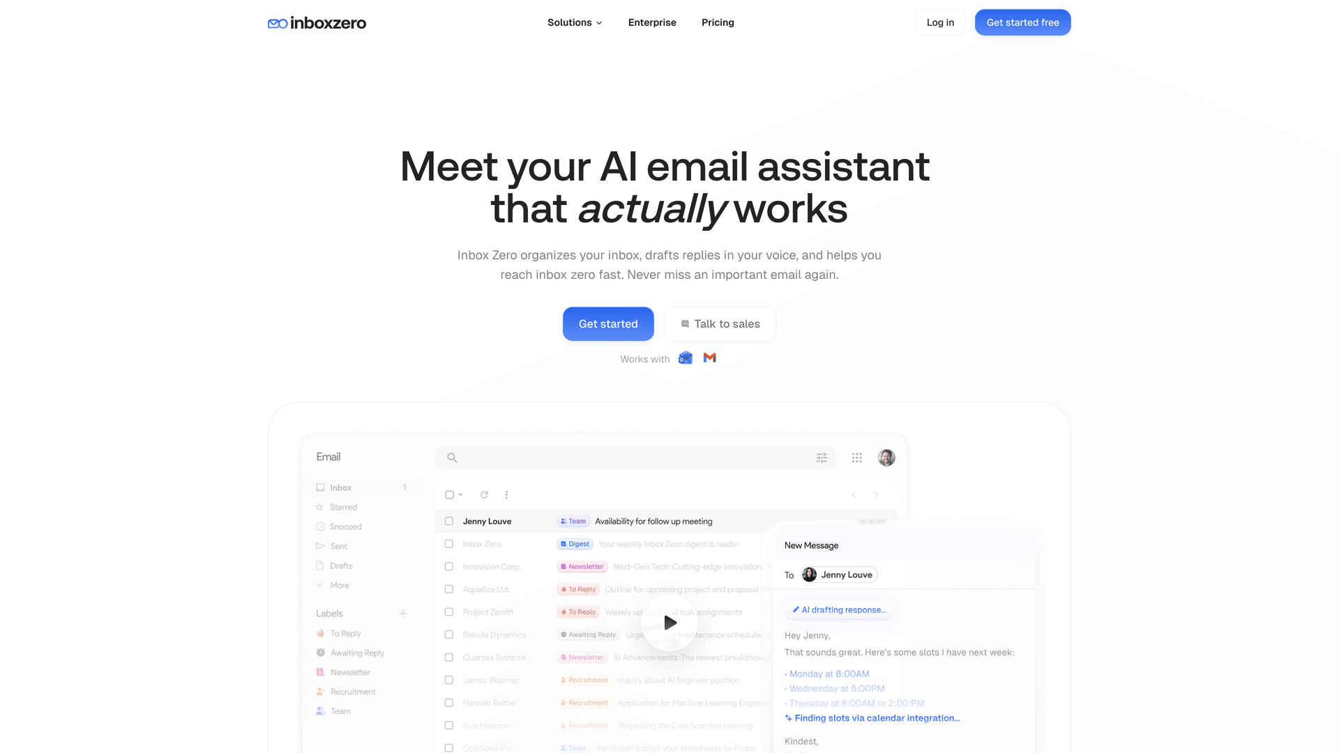 Inbox Zero homepage showing AI email assistant features and capabilities