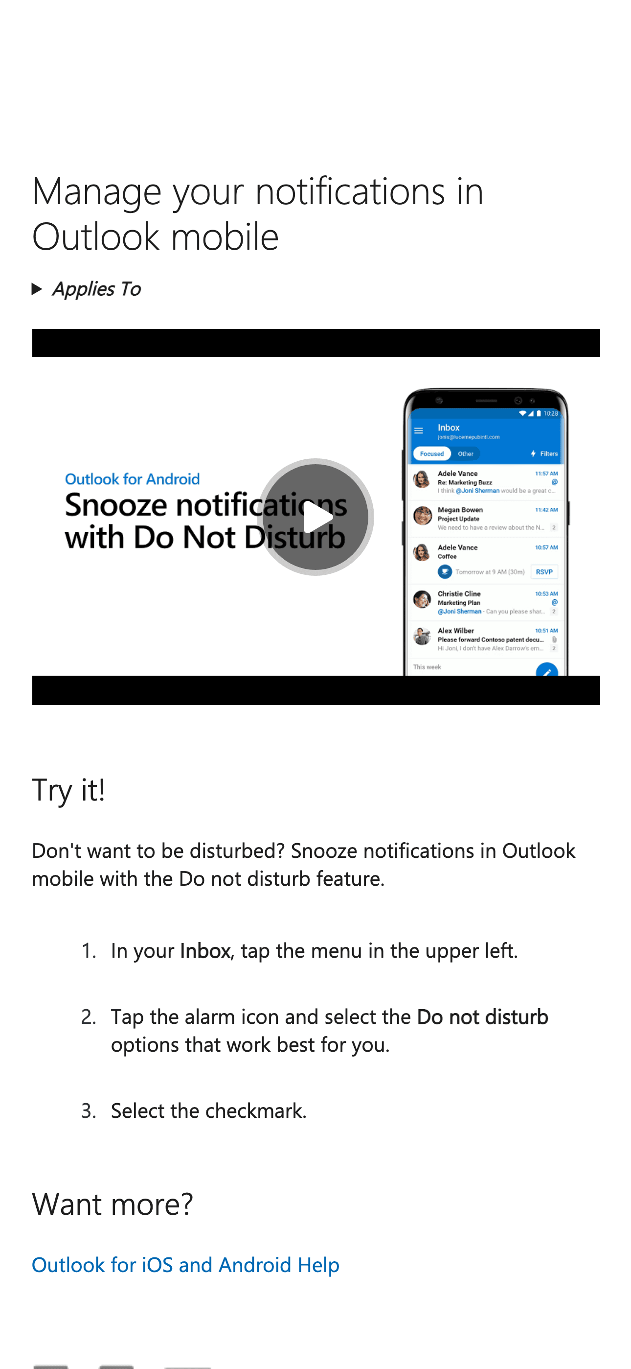 Outlook mobile notification management help page