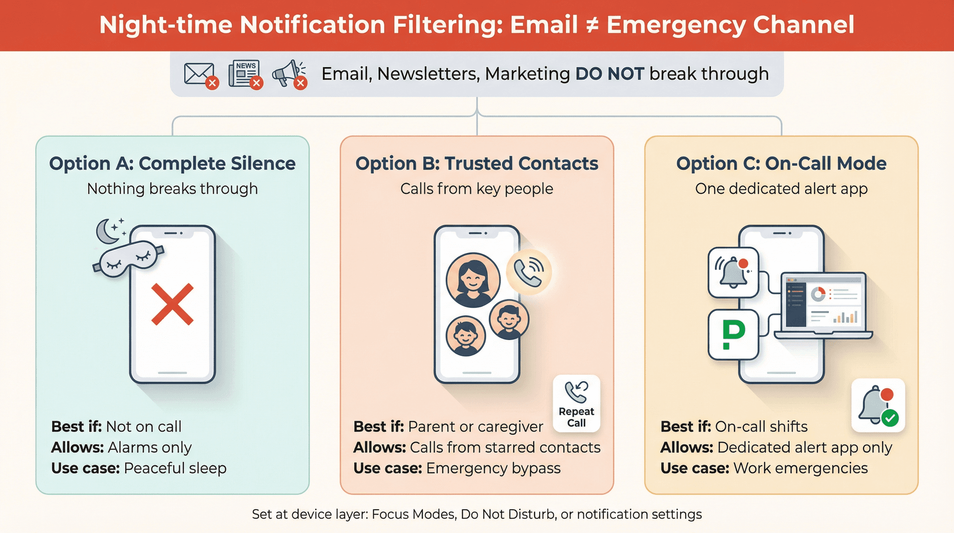 Decision tree showing three options for emergency notification filtering: Option A (nothing breaks through), Option B (calls from key people), Option C (dedicated alert app). Icons show email blocked, phone calls allowed, SMS allowed, and PagerDuty/on-call tools allowed.